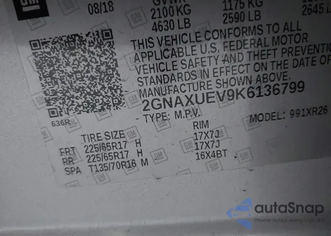 2019 Chevrolet Equinox Lt z USA, uszkodzony, nr VIN 2GNAXUEV9K6136799